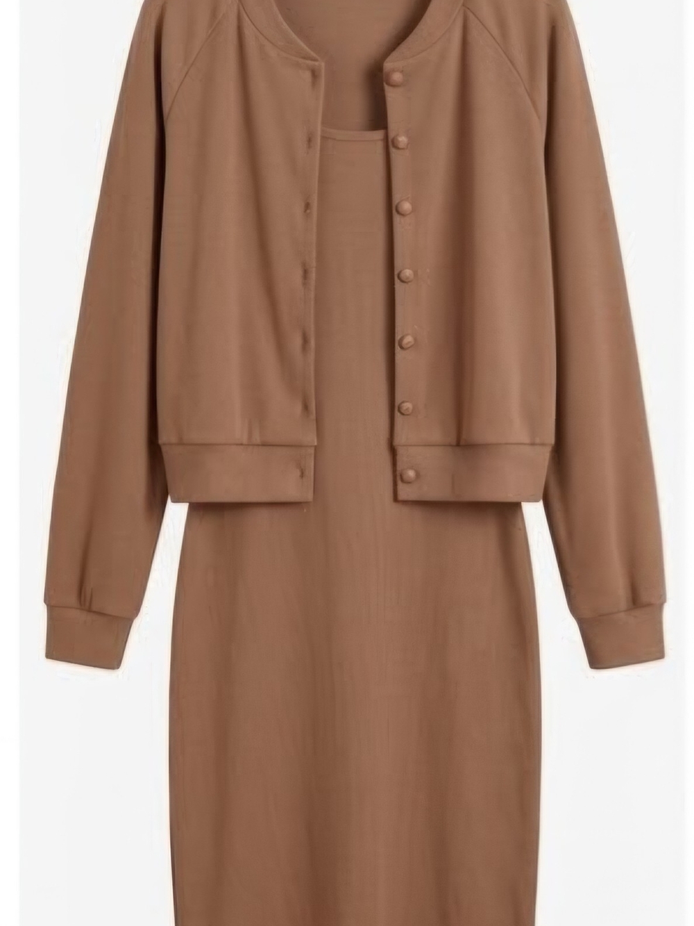 CHICME Classic Crewneck Button Cardigan & Tank Dress Set in Camel